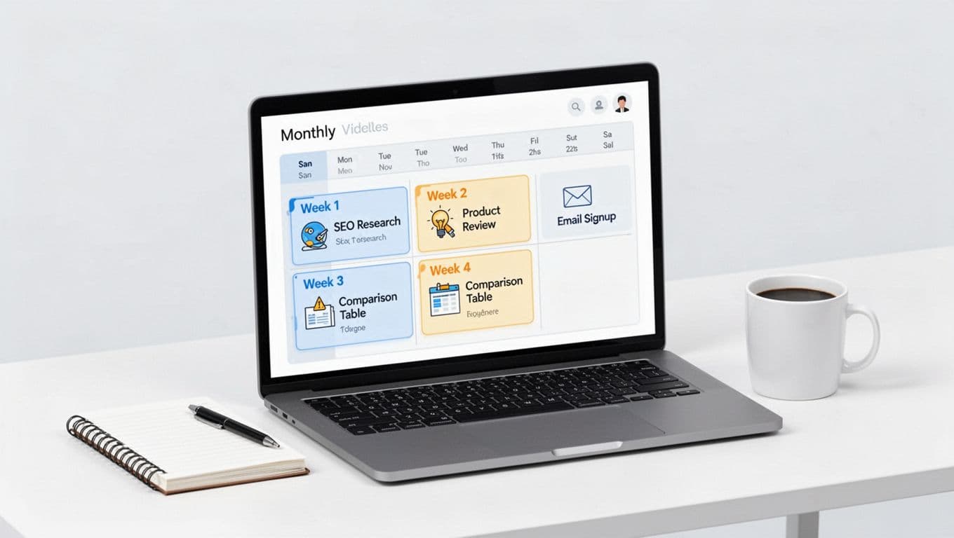 Clean flat-vector illustration in SaaS dashboard style showing a laptop screen with monthly calendar view highlighting Weeks 1-4 for SEO research, product review, comparison table, and email signup, on a desk with notebook and coffee mug.