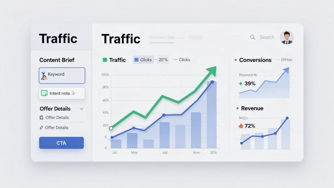 Clean flat-vector illustration of a SaaS-style KPI growth dashboard with upward trending charts for traffic, clicks, conversions, and revenue. Includes a sidebar with content brief elements like keyword box, intent note, offer details, and CTA button on a light background with high contrast and minimal clutter.