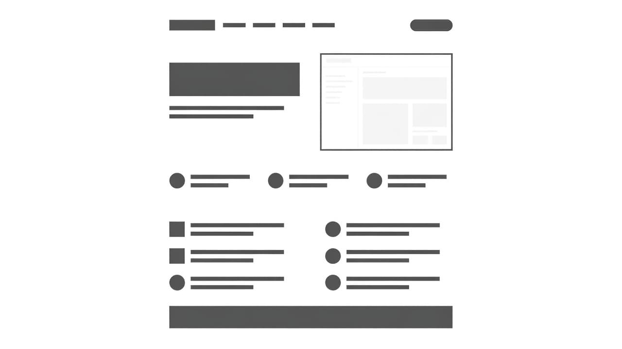 A clean minimalist wireframe displays a high-converting web structure, featuring a header area, prominent hero section, social proof bars, and feature grids, all rendered in crisp dark grey lines against white.