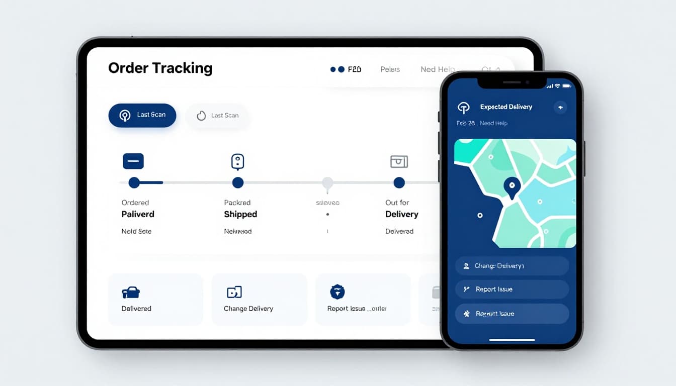 Clean professional illustration of a high-performing order status dashboard shown side-by-side on desktop and mobile devices, featuring shipment timeline, map preview, action buttons, and notifications.