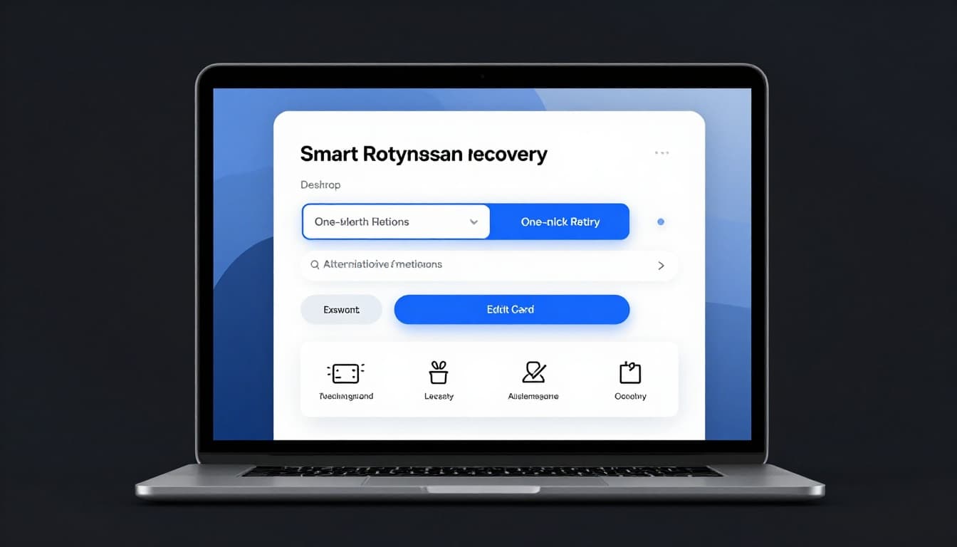 Professional SaaS editorial illustration of a clean desktop UI displaying payment recovery flow with one-click retry, edit card, and alternative methods options. Modern fintech aesthetic in polished minimal blue-neutral palette with centered laptop screen and subtle glow.
