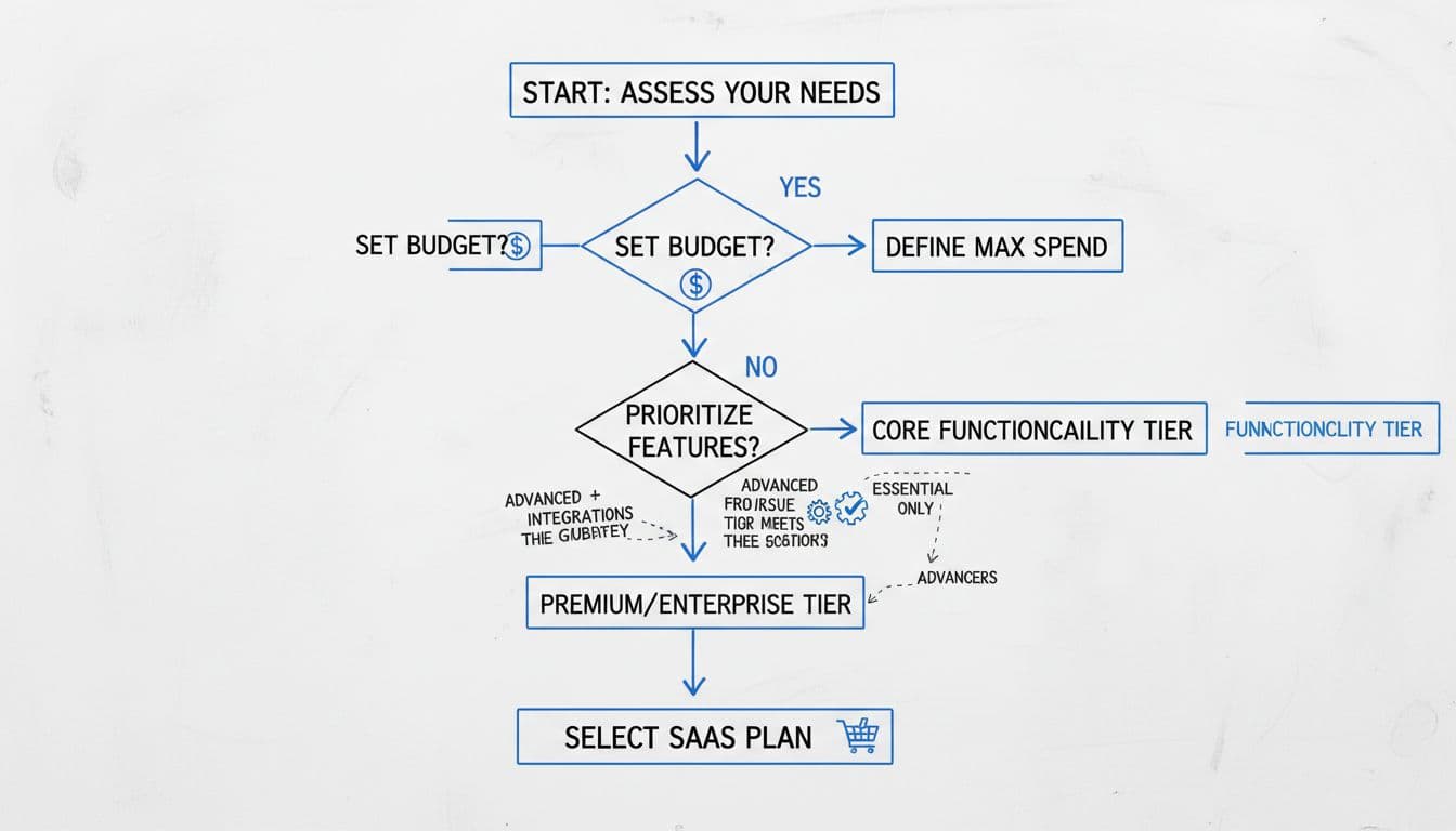 A clean decision flowchart for choosing SaaS pricing plans, starting with needs, branching to budget and features, then selecting a plan. Illustrated on a whiteboard-style background with minimal icons, landscape orientation, no extra text or watermarks.