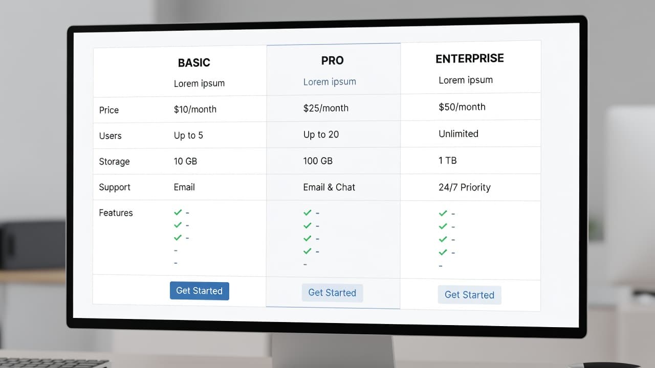 A sleek digital interface displays three distinct software pricing tiers on a monitor. The layout features minimalist typography, clean headers, and structured columns designed for effortless user comparison and plan selection.