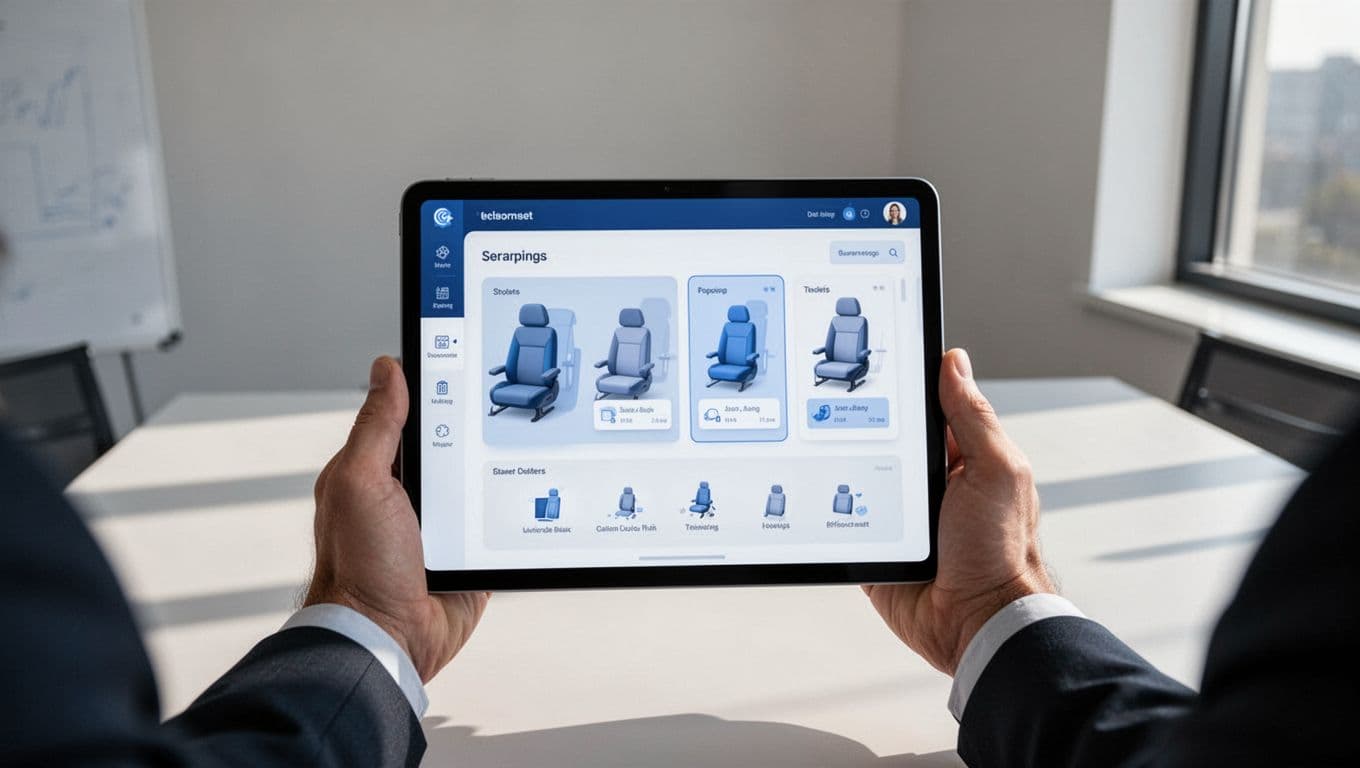 Modern SaaS subscription portal dashboard for seat management, displaying user seats list and add/remove options on a tablet held in relaxed professional hands, with clean blue UI, simple office background, and natural lighting.