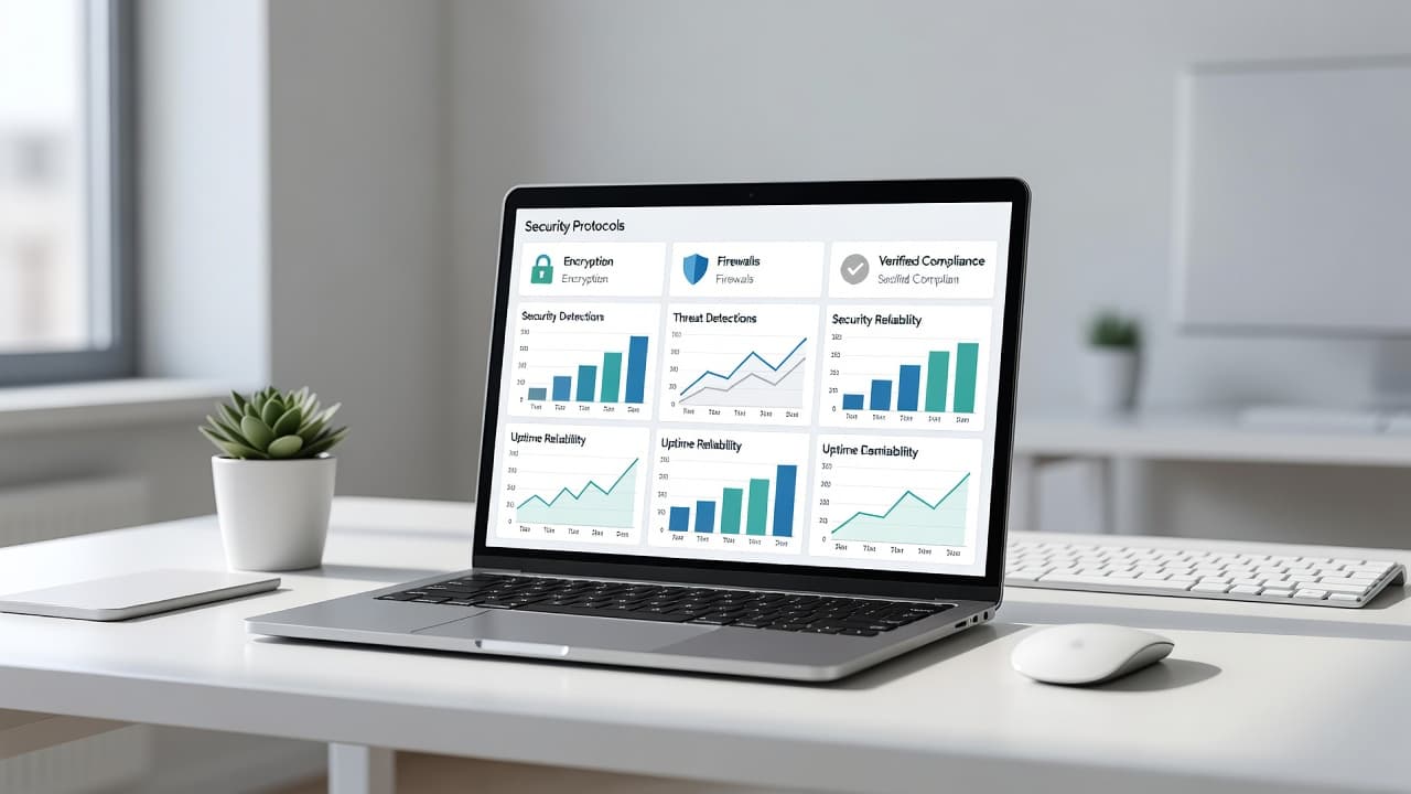 A sleek silver laptop sits open on a minimalist desk, displaying a bright dashboard filled with compliance charts and security icons. Soft daylight illuminates the professional workspace setup for cybersecurity analysis.