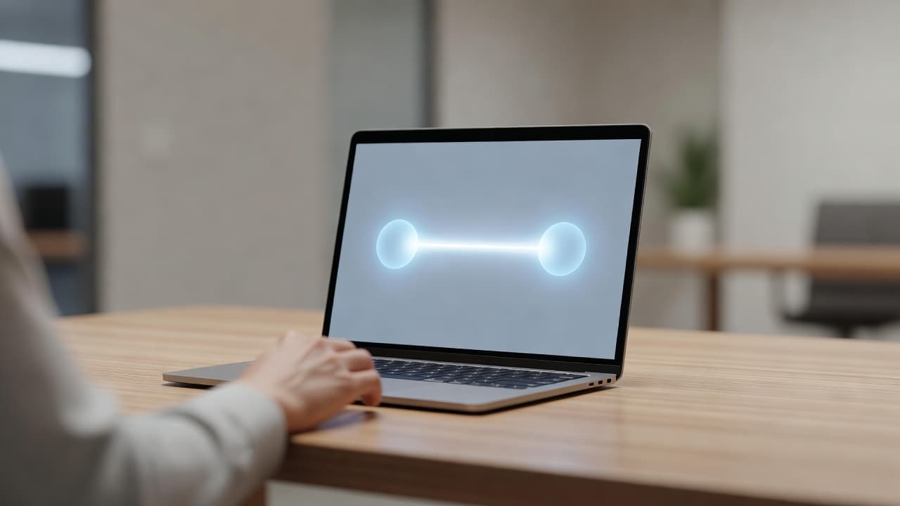 A minimalist laptop screen displays a glowing light beam bridging two bright nodes. A blurred hand rests near the keyboard on a clean desk surface under soft professional office lighting.