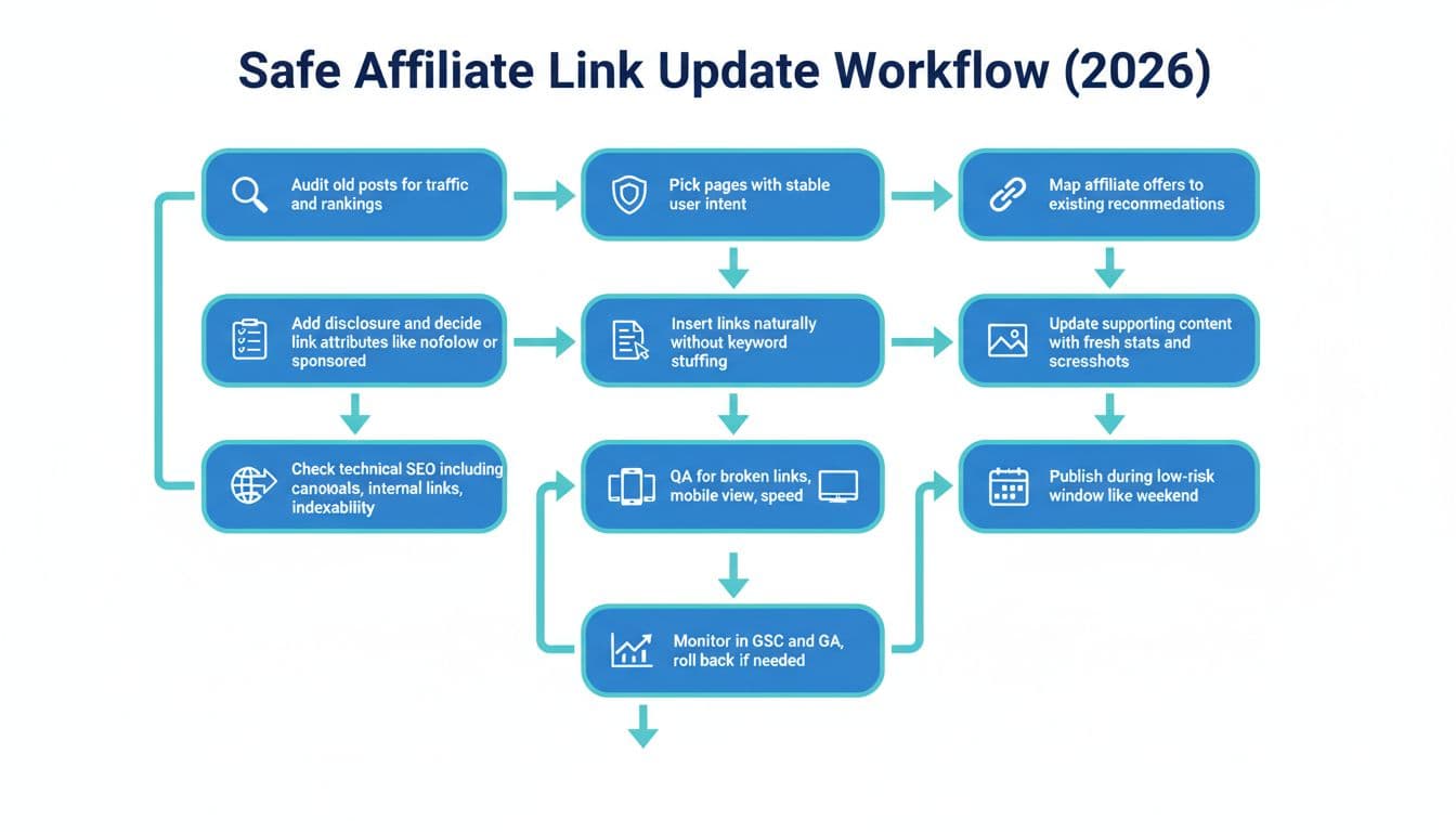 Clean, modern blog infographic flowchart with 10 numbered steps in blue rectangles connected by teal arrows, guiding safe affiliate link updates while maintaining SEO.