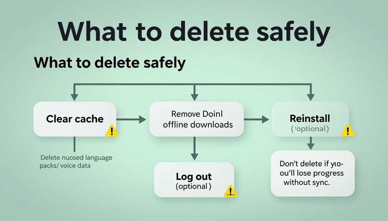 A clean, modern flat vector illustration of a flowchart guiding users on safely reducing storage bloat in language apps on iOS and Android, with steps like clearing cache, removing offline downloads, deleting unused packs, optional log out, and reinstall as last resort, including caution icons and a progress sync note.
