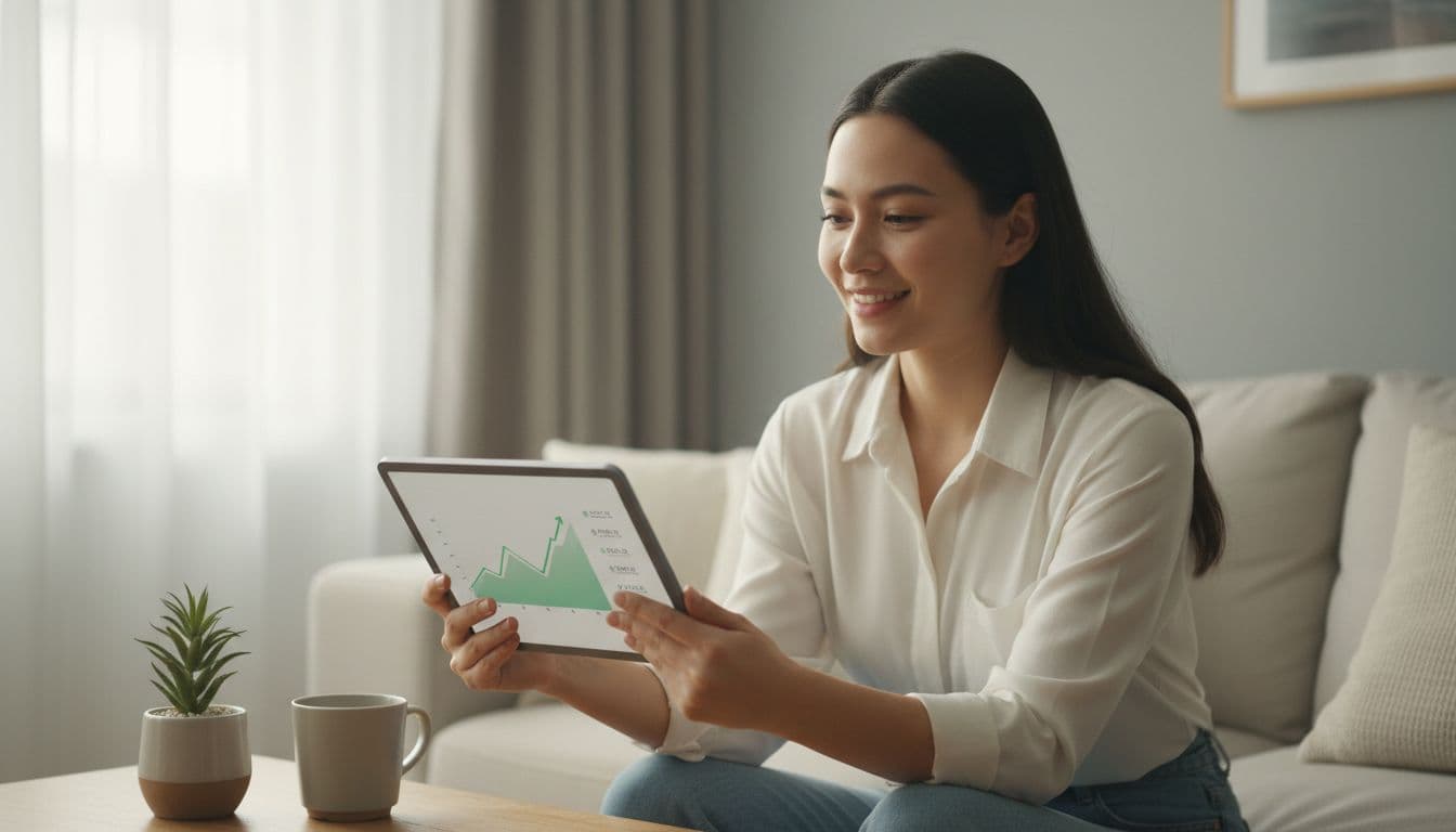 A person in a simple home setting holds a tablet naturally, reviewing an earnings dashboard with a rising graph trend, expressing satisfaction in a motivational yet realistic photorealistic scene with natural indoor light.