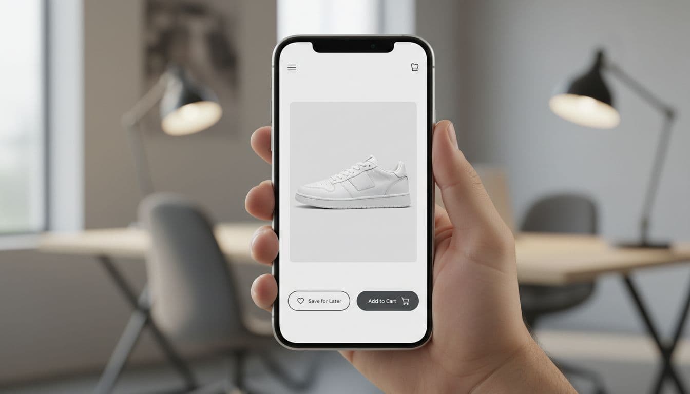 Realistic photo of a hand holding a smartphone displaying a clean minimalist ecommerce product page for shoes, with Save for Later button next to Add to Cart at the bottom, soft office lighting, no text or watermarks.