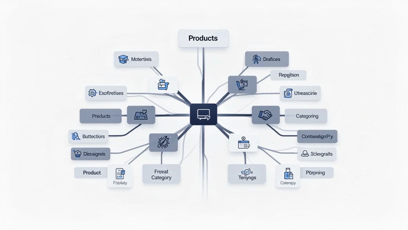 Hierarchical ecommerce category tree diagram for large product catalogs, featuring main categories like Electronics and Apparel branching to subcategories such as Smartphones and T-Shirts, with faceted attributes like color and size as tags. Clean editorial illustration in modern UI-inspired style using a minimal blue-gray-white palette.