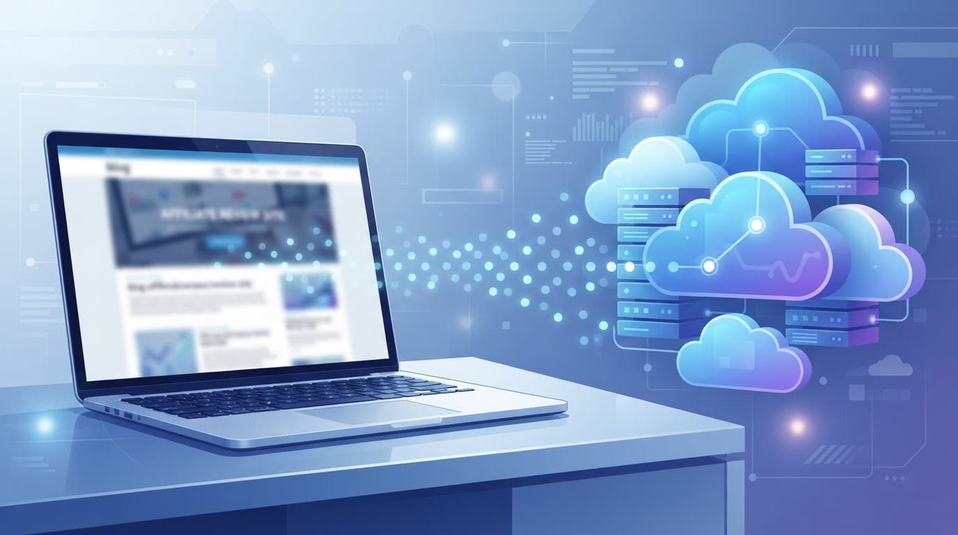 Laptop with visitor traffic flowing toward cloud servers and glowing conversion nodes.