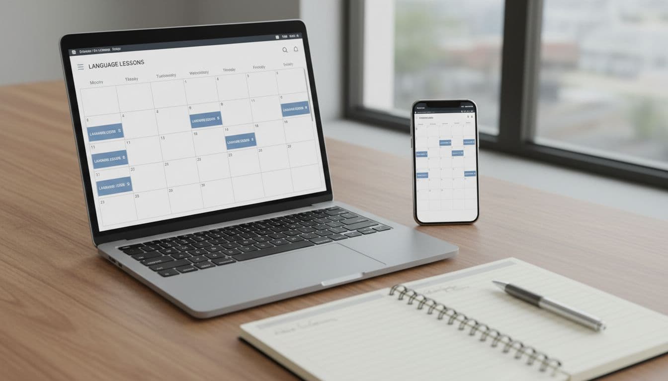 Calendar app on phone and laptop displaying scheduled recurring language lessons with weekly slots blocked and notifications in a simple modern interface, on wooden table with planner notebook under natural indoor light.