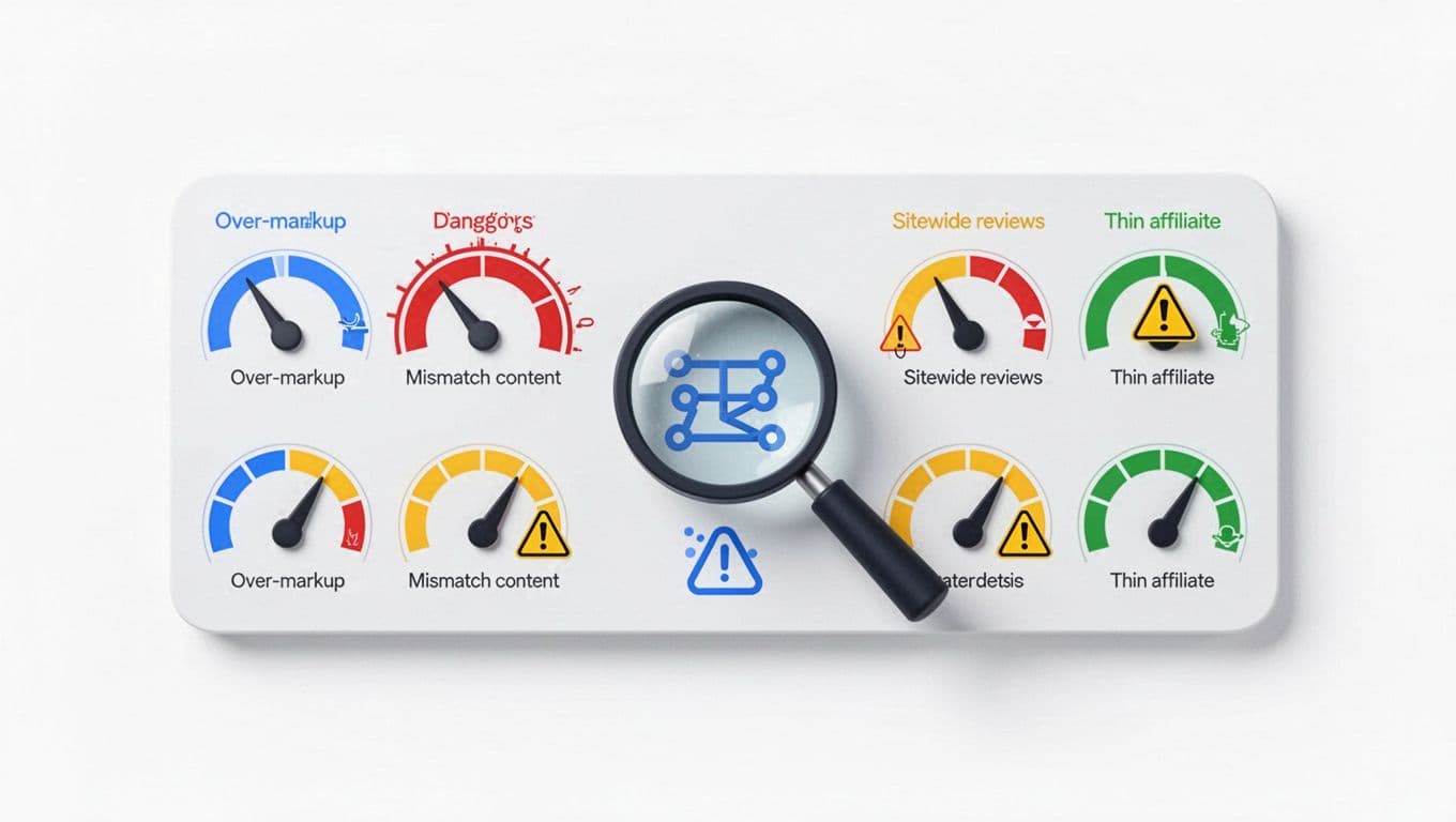 A clean, modern minimalist vector illustration of an abstract dashboard displaying schema spam signals on affiliate sites, featuring four meters for over-markup, mismatch content (in red danger zone), sitewide reviews, and thin affiliate, with a central magnifying glass over a structured data symbol.
