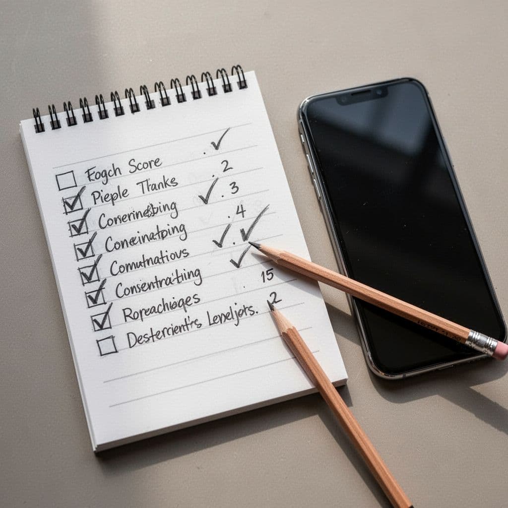 Close-up top-down view of a photorealistic scoring checklist on a notepad next to a smartphone, featuring pencil-marked checks and numbers 1-5 with notes for latency and flow, neutral background, no extra objects.