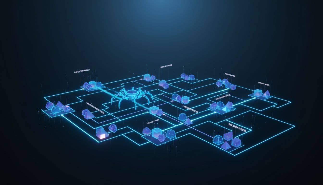 Robot crawler follows paths through maze of category, product, and filter nodes in soft blue light.