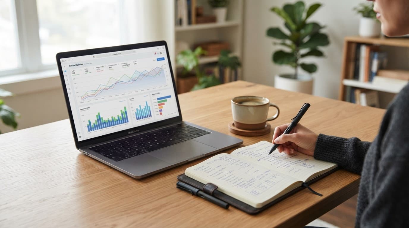 Desk with financial charts, a projection notebook, and coffee in soft natural light.
