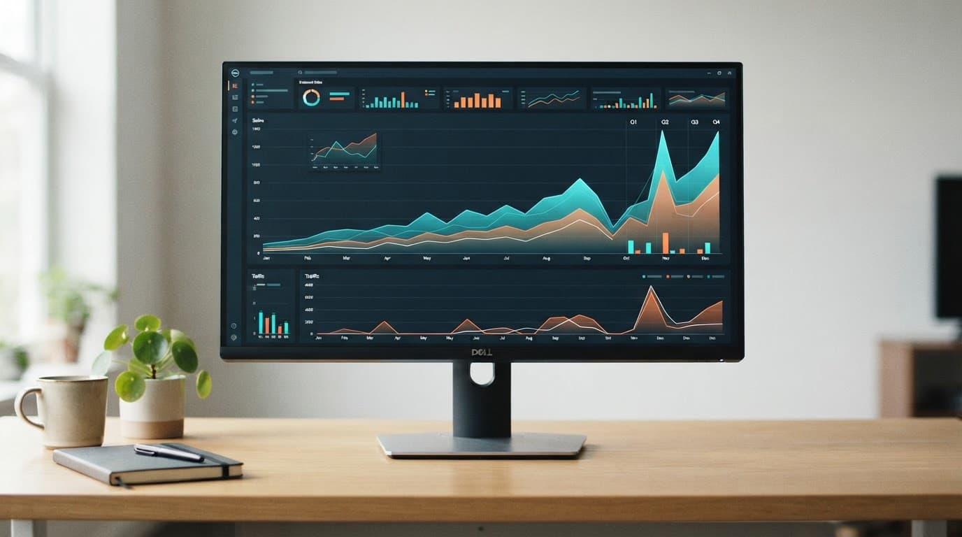 A computer monitor shows rising sales graphs with holiday traffic peaks on a clean desk.