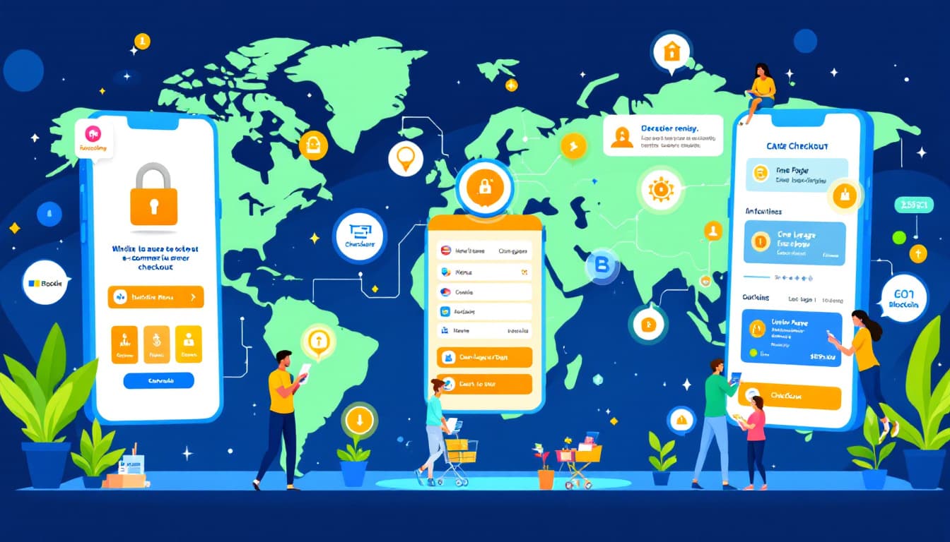 Illustration of a secure global e-commerce checkout with diverse shoppers, one-page checkout, and blockchain payment icons