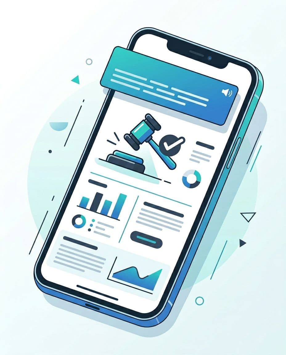 Clean, modern illustration of a webpage mockup featuring a clear disclosure banner and gavel/check icon for affiliate compliance in SEO. Minimal flat vector style with subtle 3D gradients, high contrast blue/teal/charcoal colors on light background, editorial tech aesthetic.
