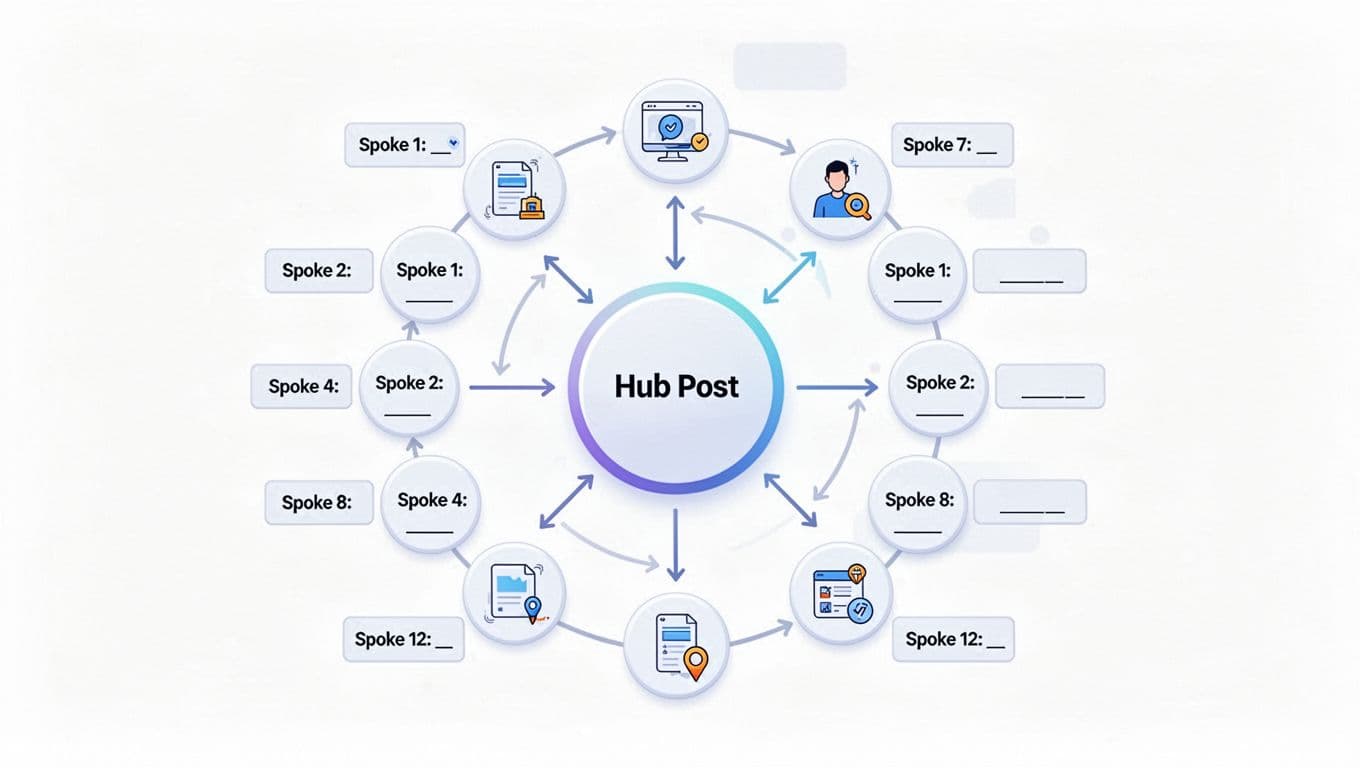 Clean modern flat vector illustration of an affiliate topical cluster, featuring a central hub page surrounded by 12 spoke nodes with internal bidirectional links and curved lateral links between related spokes.