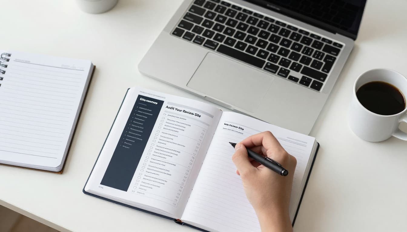 Top-down view of a clean professional desk with laptop open to SEO audit dashboard, notebook with checklist, and coffee mug under natural daylight. Focuses on tools for site recovery auditing, no people, text, or extra objects.