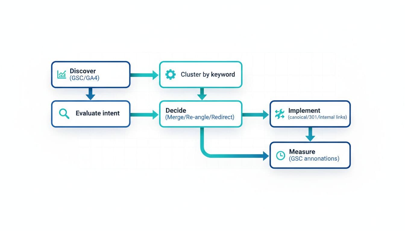 A clean, modern flat design with subtle 3D SaaS dashboard style on white background, featuring a high-contrast flowchart of the SEO audit workflow from 'Discover (GSC/GA4)' through clustering, intent evaluation, decisions, implementation, to measurement.