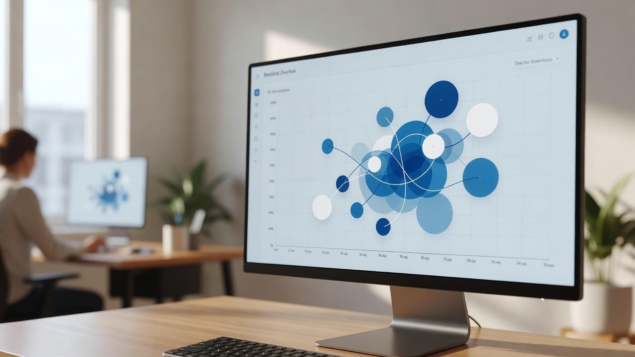 A computer screen showing a backlink overlap graph in a bright office.