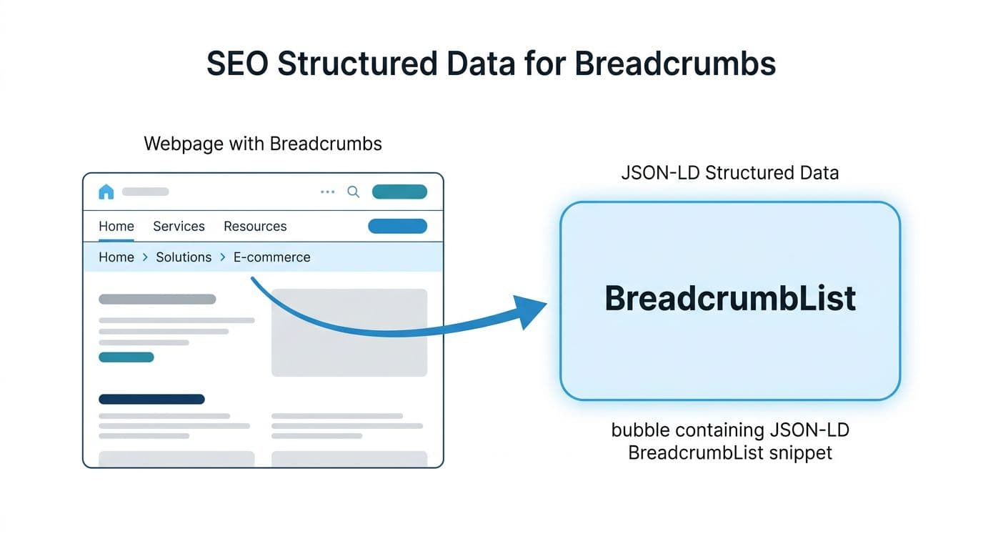 Clean professional diagram illustrating SEO structured data for breadcrumbs: page with breadcrumb trail connected by arrow to a bubble containing JSON-LD BreadcrumbList snippet. Minimal flat vector in modern enterprise style with neutral white/gray/blue palette.