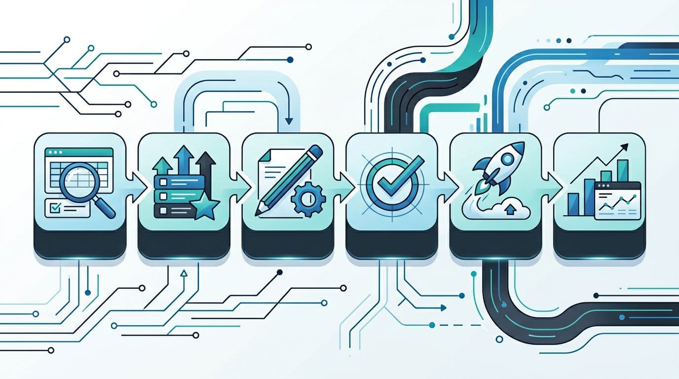 Clean, modern SEO-themed illustration of a simple flow diagram for content refresh workflow: Audit → Prioritize → Update → QA → Publish → Monitor, with icons for each step in minimal flat vector style with subtle 3D gradients, high contrast on white background using blue, teal, and charcoal colors.