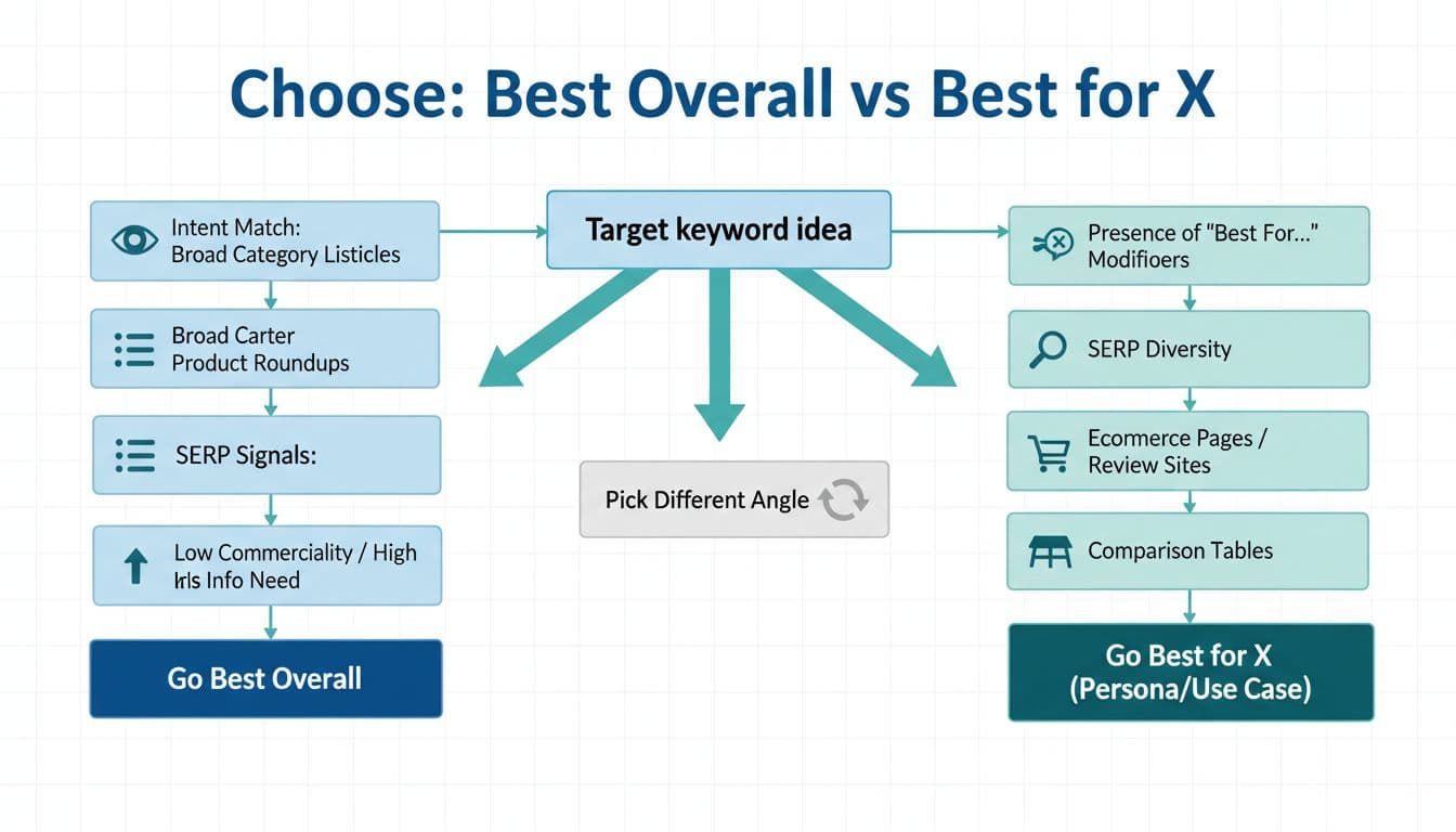 A clean, minimalist vector flowchart for SEO keyword strategy decisions, branching from target keyword based on SERP signals to 'Best Overall', 'Best for X', or alternative angles.
