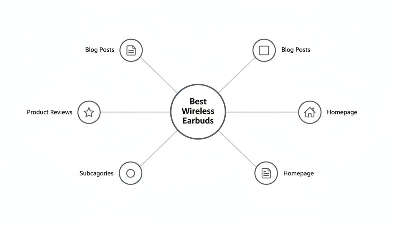 Simple diagram illustrating internal linking from a central affiliate blog category page like 'Best Wireless Earbuds' to product reviews, subcategories, homepage, and blog posts using clean lines, icons, and neutral colors on a white background.