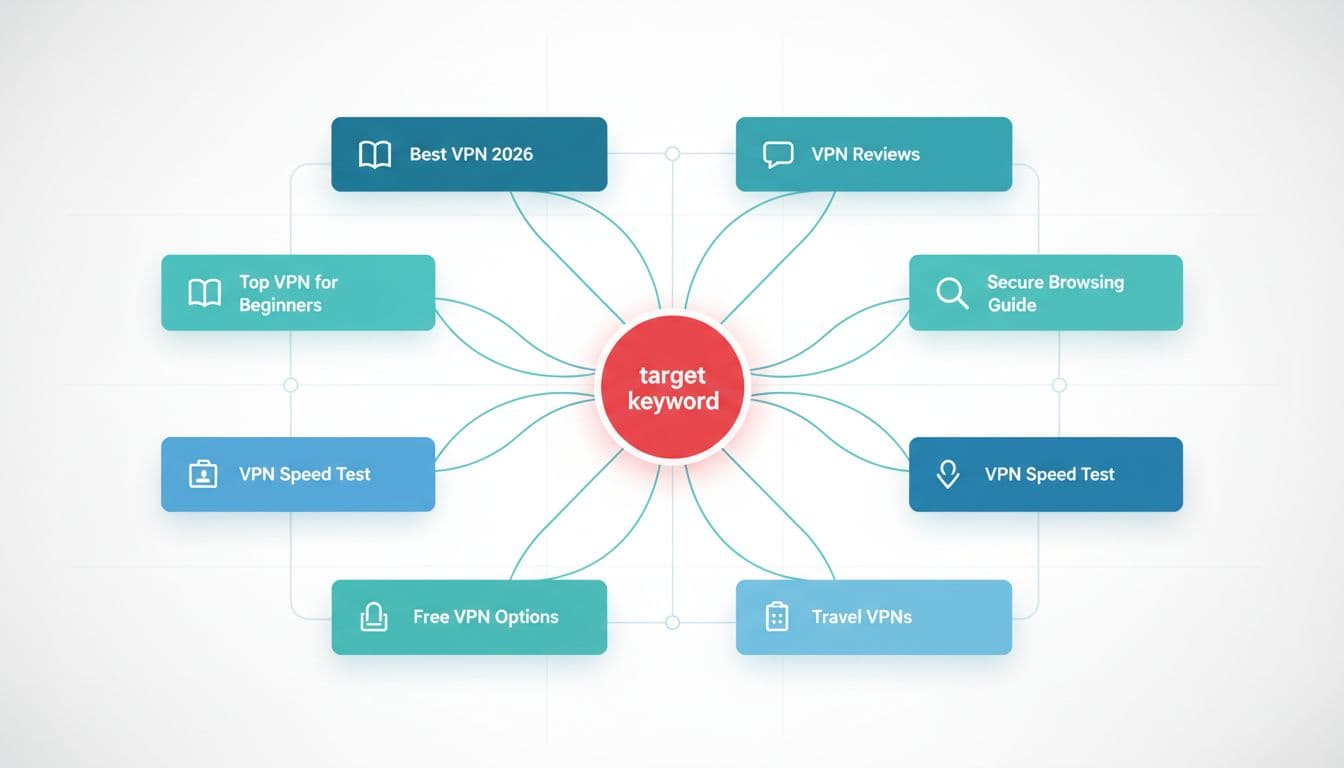 Clean modern flat design illustration of a SaaS dashboard showing a cannibalization map diagram with blog post cards like 'Best VPN 2026' connecting to a central 'target keyword' bubble using blues, teals, and grays on white background.