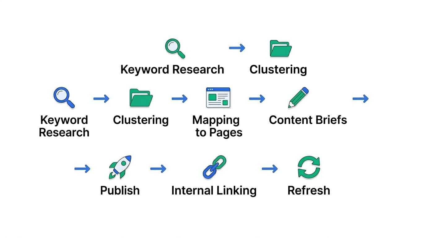 Clean, modern 16:9 flat design illustration with subtle 3D depth depicting a simple SEO workflow: Keyword Research → Clustering → Mapping to Pages → Content Briefs → Publish → Internal Linking → Refresh, using blue and green accents on white background with icons and arrows.