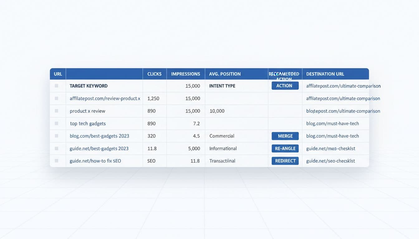 Clean, modern flat design illustration with subtle 3D of a SaaS dashboard showing a spreadsheet-style table mockup. Columns include URL, target keyword, clicks, impressions, avg position, intent type, recommended action, and destination URL, with sample affiliate post data on white background using high contrast blues, teals, and grays.
