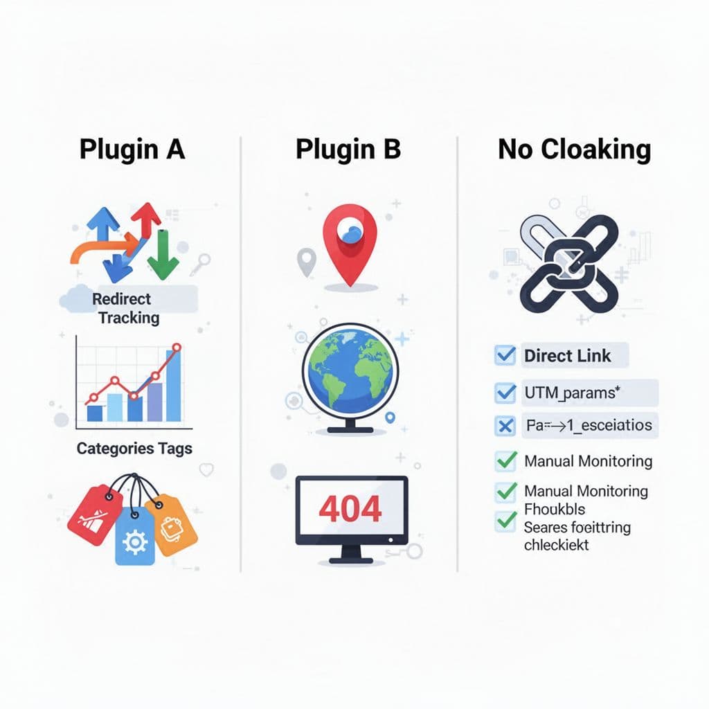 Clean modern vector flat design illustration comparing three SEO methods in balanced columns: Plugin A (redirects, tracking, tags), Plugin B (geolocation, 404 monitor), and No Cloaking (direct links, UTM params, manual checks). Subtle gradients, white background, high contrast, professional tech SEO vibe for blog use.