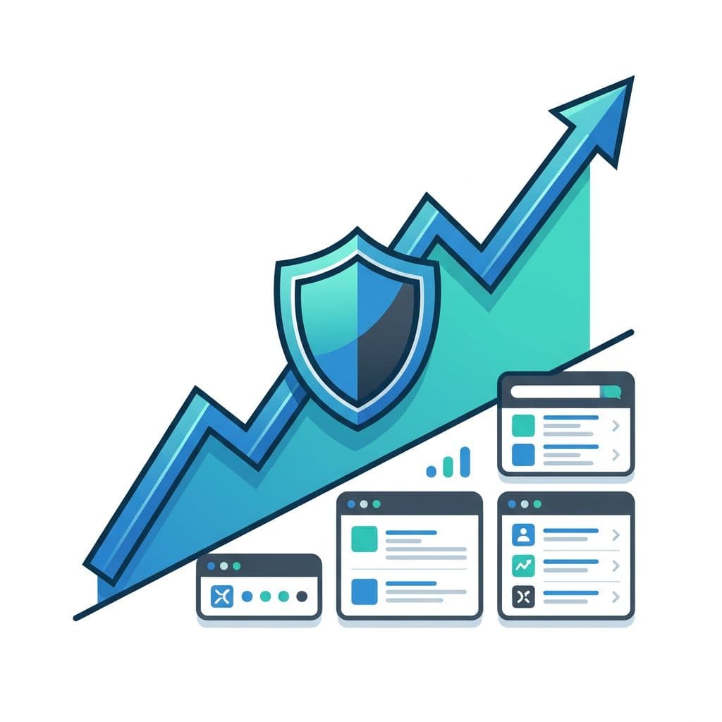 Clean, modern illustration of an upward-trending line chart overlaid with a shield icon, accompanied by generic SERP cards indicating ranking stability, in a minimal flat vector style with blue and teal colors on a light background.