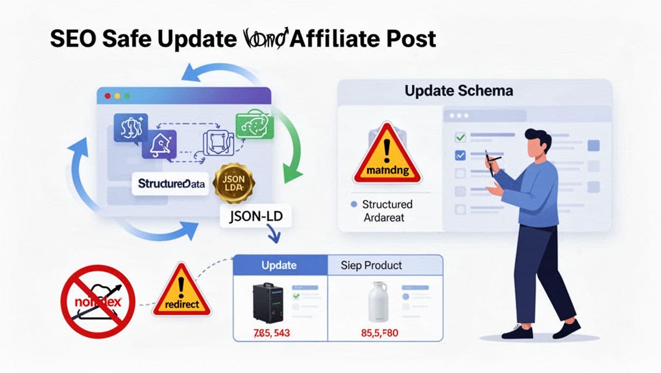 SaaS-style vector art illustrating an SEO-safe update for affiliate posts, featuring structured data icons, refresh arrows, crossed-out noindex and redirect warnings, and an abstract figure checking a product comparison dashboard.