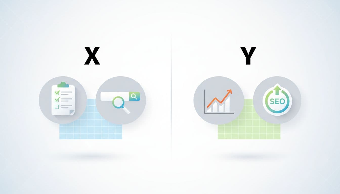 Clean, modern flat vector hero image in split-screen layout: left side X with checklist and search bar icons, right side Y with upward trending graph and SEO badge. Minimal design with subtle gradients, high contrast on light background, perfect for blog posts on ranking comparison articles.