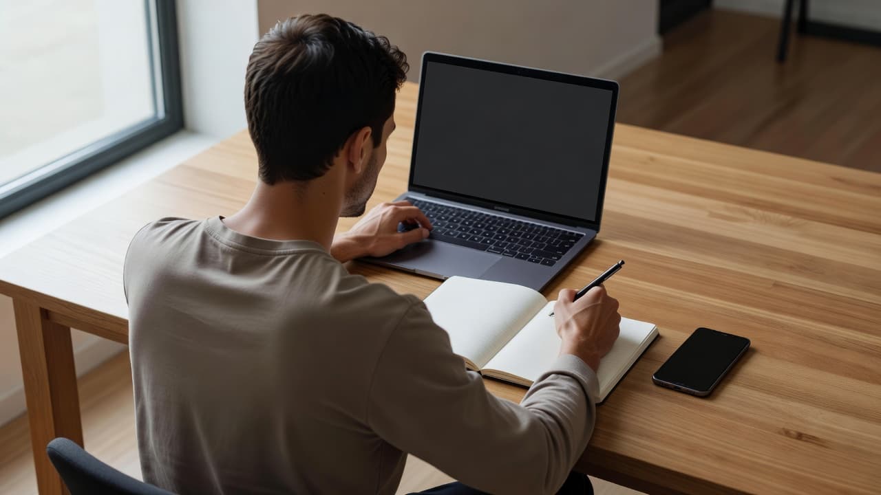 A focused individual sits at a wooden desk, analyzing a Serbian textbook next to an open laptop and a smartphone. Soft daylight illuminates the organized study materials and notebook pages.