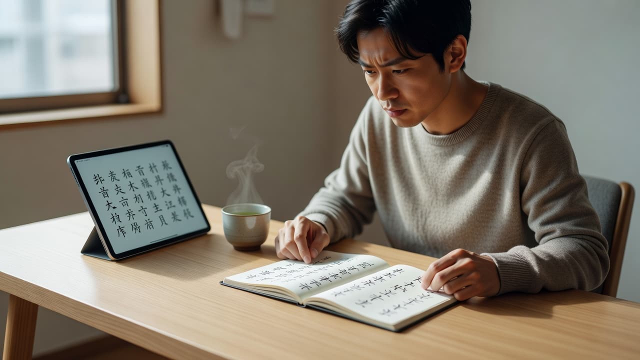 A focused student sits at a minimalist wooden desk featuring a tablet displaying Japanese kanji, an open notebook, and a steaming cup of tea. Warm morning sunlight streams across the workspace.