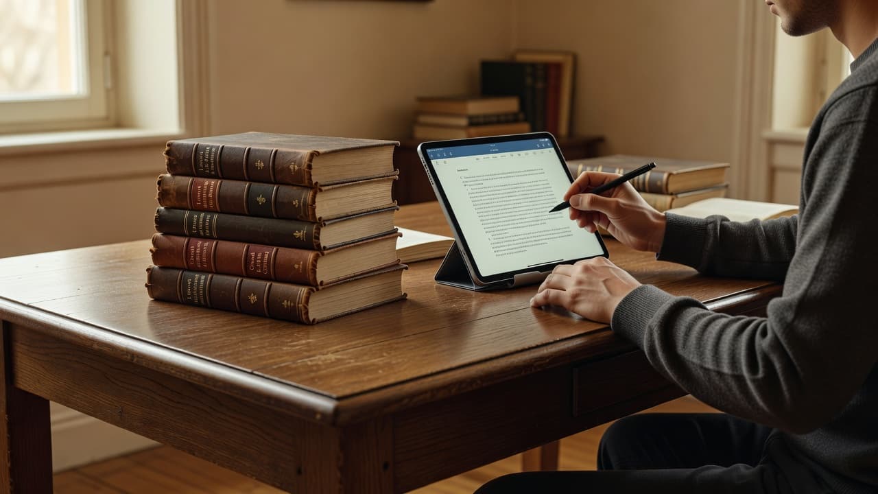 Best Latin Learning Apps for Serious Learners in 2026 2 A student sits at a clean wooden desk arranged with a tall stack of leather-bound Latin textbooks. Beside the books, a modern tablet shows a digital reading interface under soft lighting.