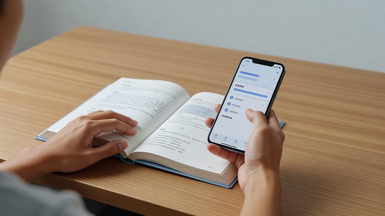 A focused student sits at a minimalist wooden desk, using a mobile app on a smartphone alongside an open textbook. Natural light illuminates the hands and stationery in this quiet environment.