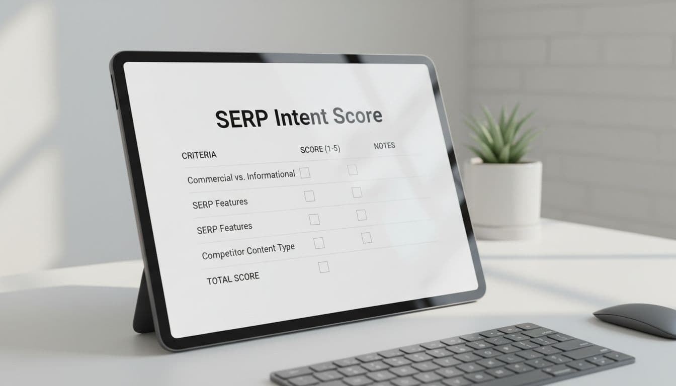 A simple rubric scorecard for SERP intent check, displaying columns for criteria like commercial vs informational, SERP features, and competitor content type, with 1-5 scoring and total score on a notepad or digital form in a workspace.