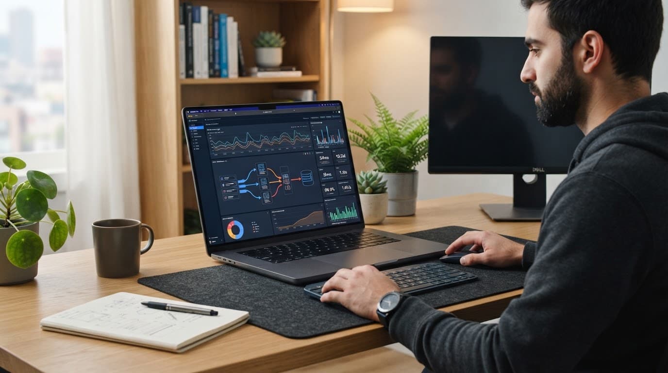 Laptop showing server analytics and data-flow diagrams on a clean modern desk.