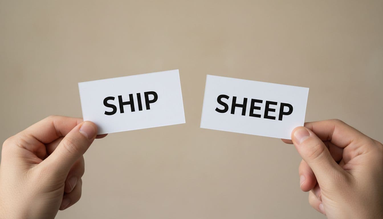 Close-up of two cards displaying 'ship' and 'sheep' against a neutral background with soft natural lighting, designed to visually distinguish these English minimal pair words. Realistic style focusing solely on the cards with no people, extra text, or objects visible.