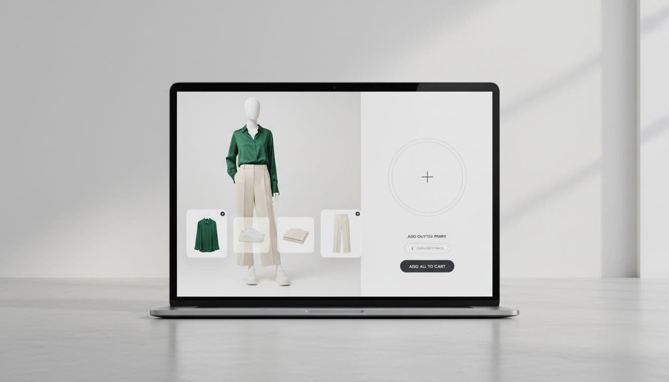Professional modern ecommerce UX mockup featuring a laptop screen with shop the look interface, a mannequin in layered outfit from draggable product cards, clean layouts on neutral backgrounds with high clarity and no clutter.