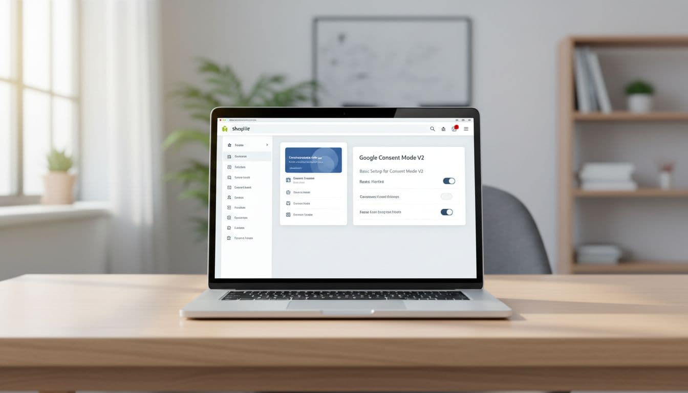 Clean professional illustration of a Shopify admin dashboard screen showing Google Consent Mode V2 settings menu open, modern SaaS interface with subtle blue tones, minimal layout.