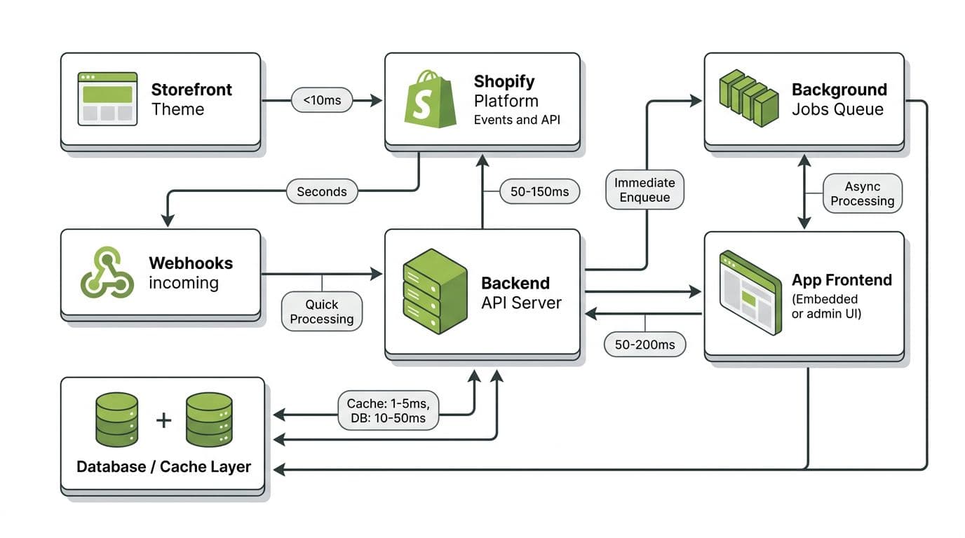 Simplified illustration of Shopify app components including Storefront Theme, App frontend, Backend API server, Database Cache, Webhooks, and Background jobs queue, with arrows showing data flow and latency callouts in a modern abstract tech diagram style.