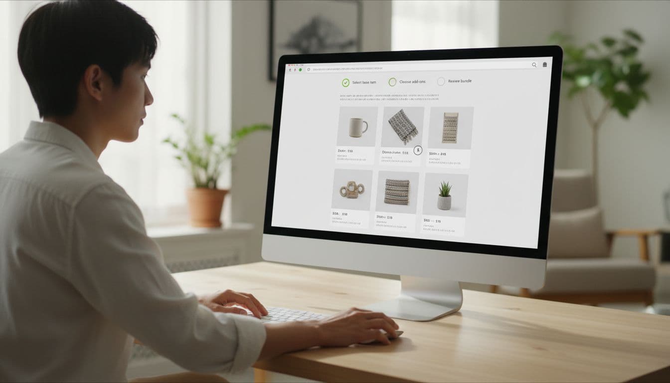 A clean Shopify bundle builder interface on a desktop screen, viewed from the side by one person at a desk in natural daylight, featuring a progress bar with steps and a cursor hovering over product cards in a simple grid.